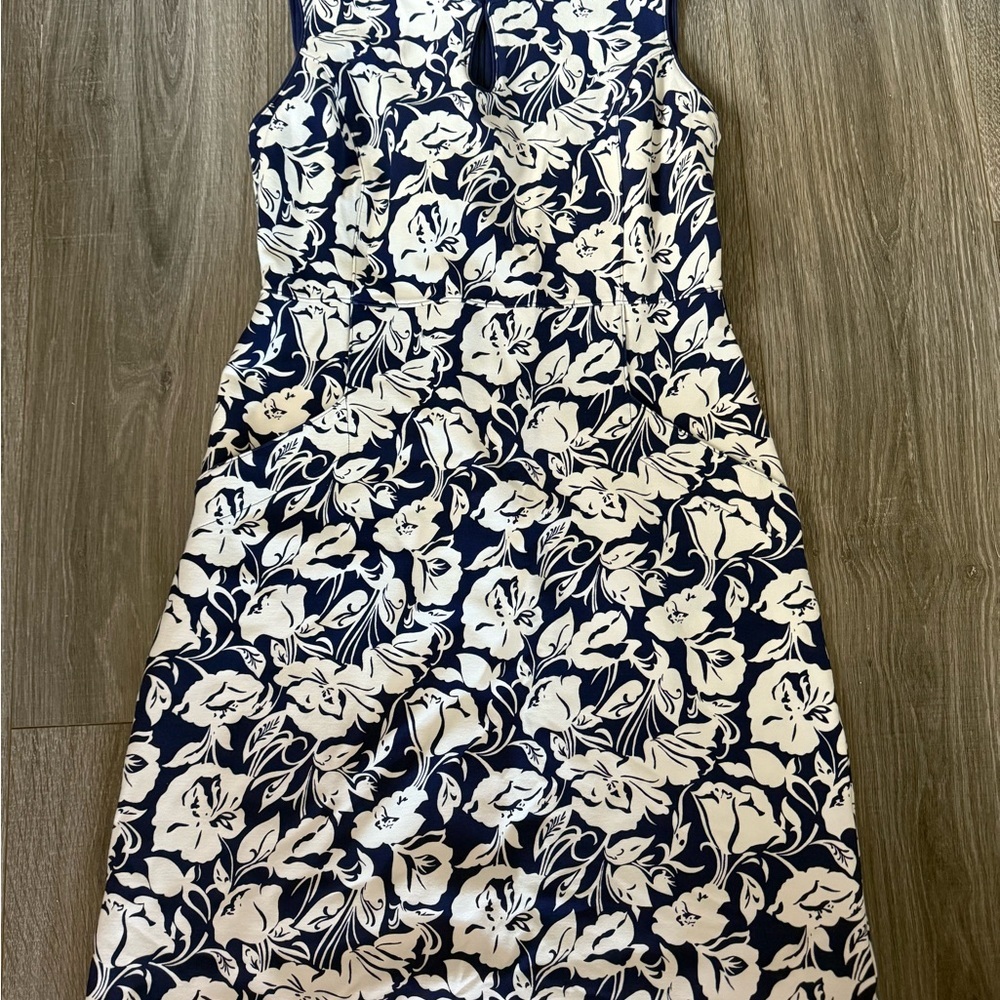 Lands End Floral Sleeveless Dress - Navy and White